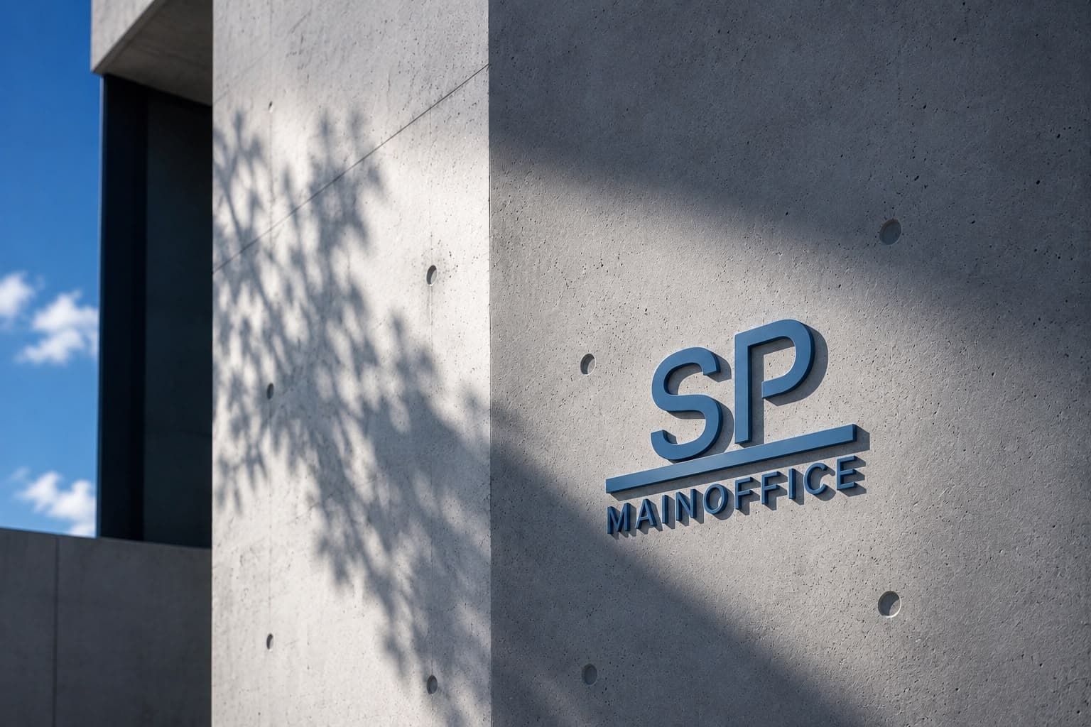 SP MainOffice s. r. o. – logo společnosti na betonové fasádě